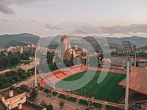 Aerial shot of the Bilino Polje Stadium in Zenica, Bosnia and Herzegovina