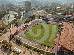 Aerial shot of the Bilino Polje Stadium in Zenica, Bosnia and Herzegovina