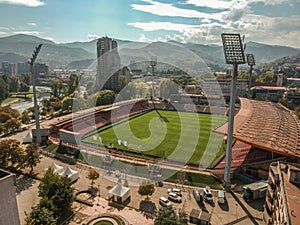 Aerial shot of the Bilino Polje Stadium in Zenica, Bosnia and Herzegovina