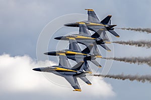 Aerial shot of the Blue Angels formation performing an air show before the clouds and sky