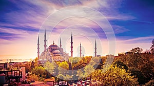 Aerial shot of Blue Mosque surrounded by trees in Istanbul`s Old City - Sultanahmet, Istanbul, Turkey