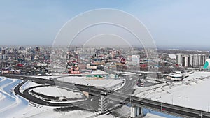 Aerial shot of bridge and car driving on the bridge