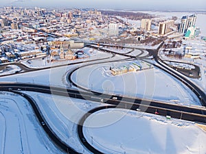 Aerial shot of bridge and car driving on the bridge