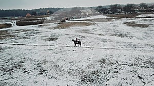 Aerial shot of brunette woman rides a beautiful black horse on a field or snow-covered farm in winter. Horseback riding