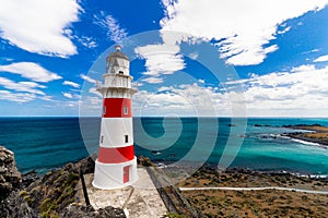 Aerial shot of the Cape Palliser Lighthouse in New Zealand