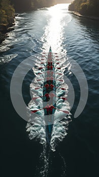 Aerial shot capturing rowers in the sea, displaying synchronized perfection