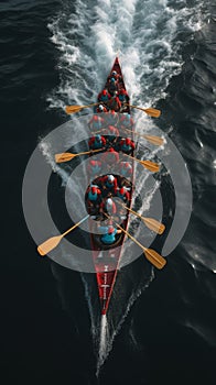 Aerial shot capturing rowers in the sea, displaying synchronized perfection