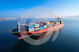 Aerial shot cargo ship loads containers for customs clearance and ocean export