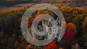 An aerial shot of a castle nestled in the countryside surrounded by vibrant autumn colors. Take a stroll around the