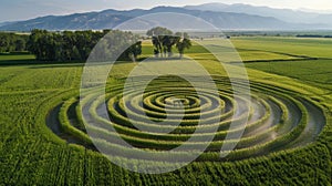 An aerial shot of a center pivot irrigation system in action creating a sweeping circular pattern of wetness in a photo