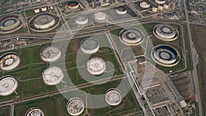 Aerial shot of chemical storage tanks