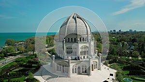 Aerial shot of Chicago White Temple House of Worship. Wide drone shot footage