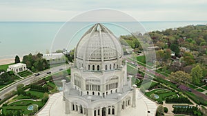 Aerial shot of Chicago White Temple House of Worship. Wide shot footage