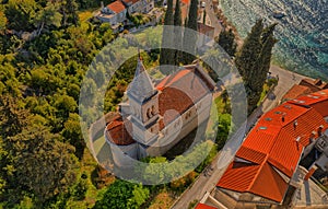 Aerial shot of the church in Racisce near Korcula is Old