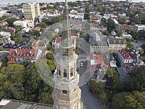Aerial shot of the city of Charleston, South Carolina with the steeple of St Philips church in the foreground photo