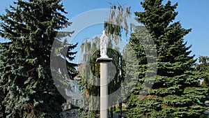Aerial shot the city Rivne. Monument-Column in Honor of our Lady. Ukraine