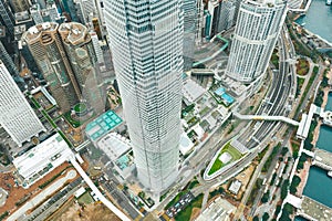 Aerial shot a cityscape with International Finance Centre on Hong Kong Island.