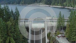 An aerial shot of the Cleveland Dam and resevoir in North Vancouver, British Columbia.