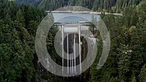An aerial shot of the Cleveland Dam and resevoir in North Vancouver, British Columbia.