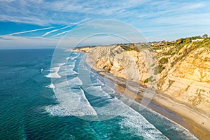 Aerial shot of cliffs along the shore of La Jolla in San Diego, California