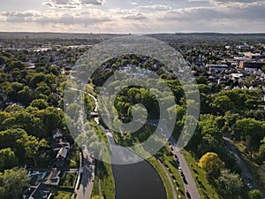 Aerial shot of the Clifton Park in New York City with the sun shining in the background