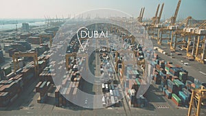Aerial shot of container port of Dubai with city geotag, UAE