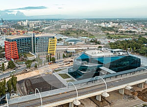 Aerial shot of a Dar es Salaam new train station next to the colorful building