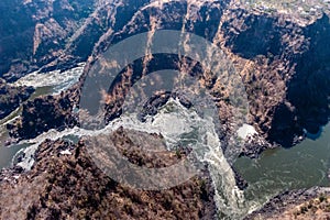 Aerial shot of the down stream gorges of the Zambezi river