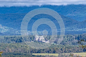 Aerial shot of downtown Asheville, North Carolina and surrounding mountains