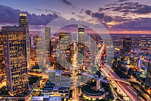 Aerial shot of downtown Los Angeles at night