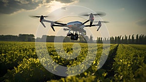 Aerial Shot of Drone flying over agricultural fields management for observation, growth check or fertilization.