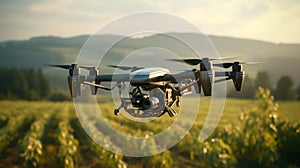 Aerial Shot of Drone flying over agricultural fields management for observation, growth check or fertilization.