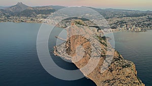 Aerial shot, drone point of view Penyal d Ifac Natural Park of Calpe during sunrise