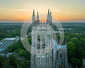 Aerial shot of Duke University at sunset in Durham, North Carolina.