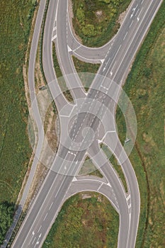Aerial shot of empty road intersection from drone pov