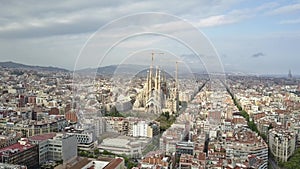 Aerial shot of famous Sagrada Familia - Basilica and Expiatory Church of the Holy Family in Barcelona, Spain
