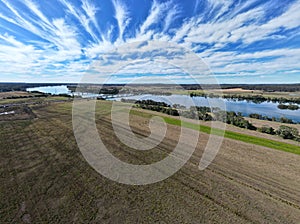 Aerial shot of a field in Blackman Point in Port Macquarie, New South Wales, Australia