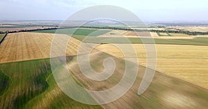 Aerial shot of fields with various types of agriculture. Farming. Aerial shot of farmland. Aerial shot of agricultural