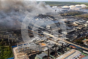 Aerial shot of a fire at the supertanker base in matanzas, cuba