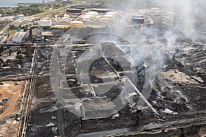 Aerial shot of a fire at the supertanker base in matanzas, cuba