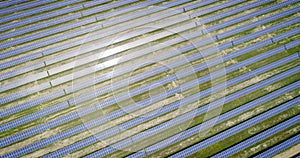 Aerial shot: Flight over solar panels, Alternative energie