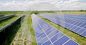 Aerial shot: Flight over solar panels, Alternative energie