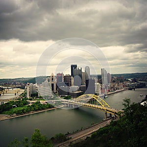 Aerial shot of the Fort Pitt Bridge and the buildings in Pittsburgh, Pennsylvania.