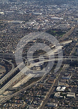 Aerial Shot Of Freeway Interchange California With Light Traffic