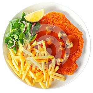 Aerial Shot of Fries and Jaegerschnitzel Combination