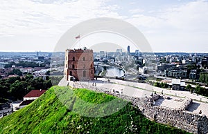 Aerial shot of the Gediminas Castle Tower overlooking the city of Vilnius, Lithuania.