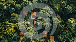An aerial shot of a glamping site nestled in the midst of a dense forest providing a unique and serene sleep experience