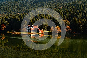 Aerial shot of Golcuk lake in Bolu,  Karacasu, Turkey