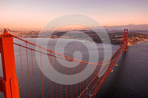 Aerial shot of the Golden Gate Bridge in San Francisco, California at sunset