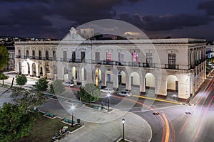 Aerial shot of government building in La Libertad de Noche Park in the evening, Matanzas, Cuba photo
